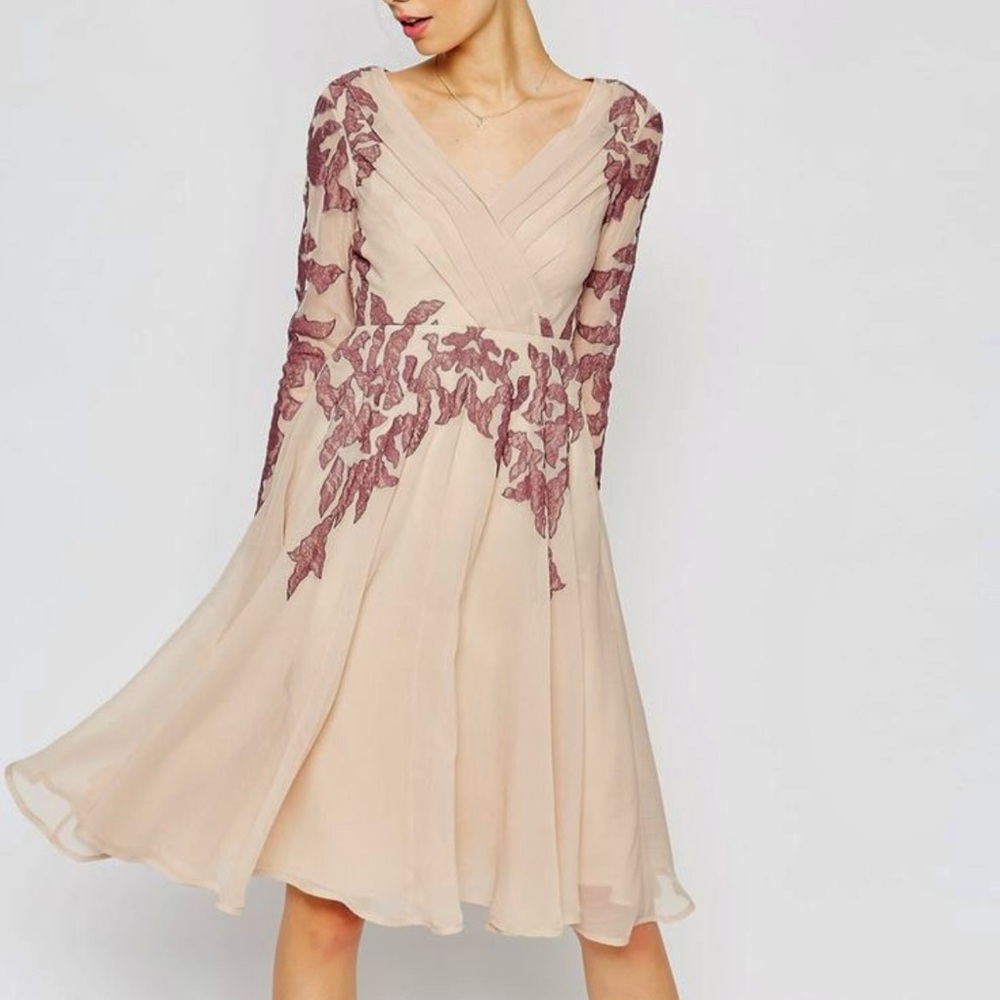 ASOS Pleated Chiffon Long-Sleeve Skater Dress with Lace Appliqué